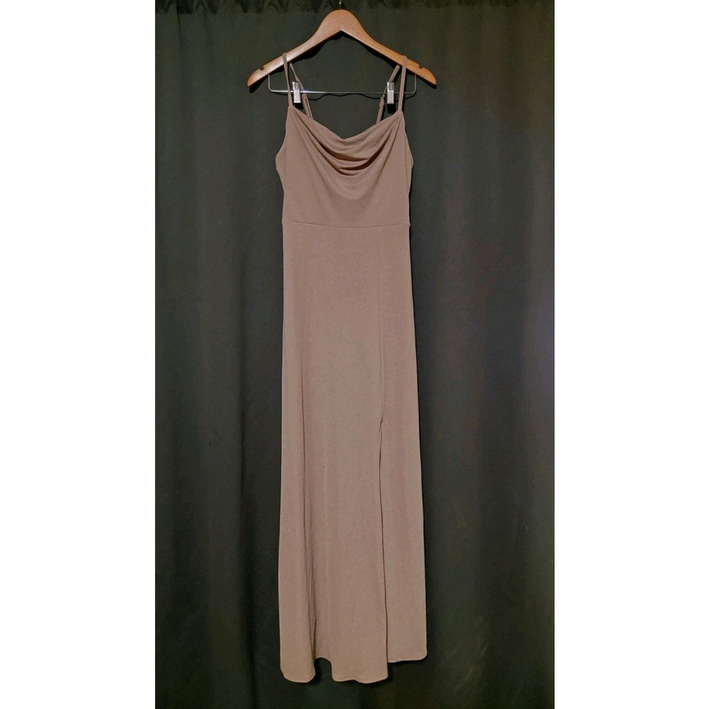 BIRDY GREY Ash Crepe Long Maxi Formal Dress Taupe With Slit Size Small NWOT - Picture 7 of 13